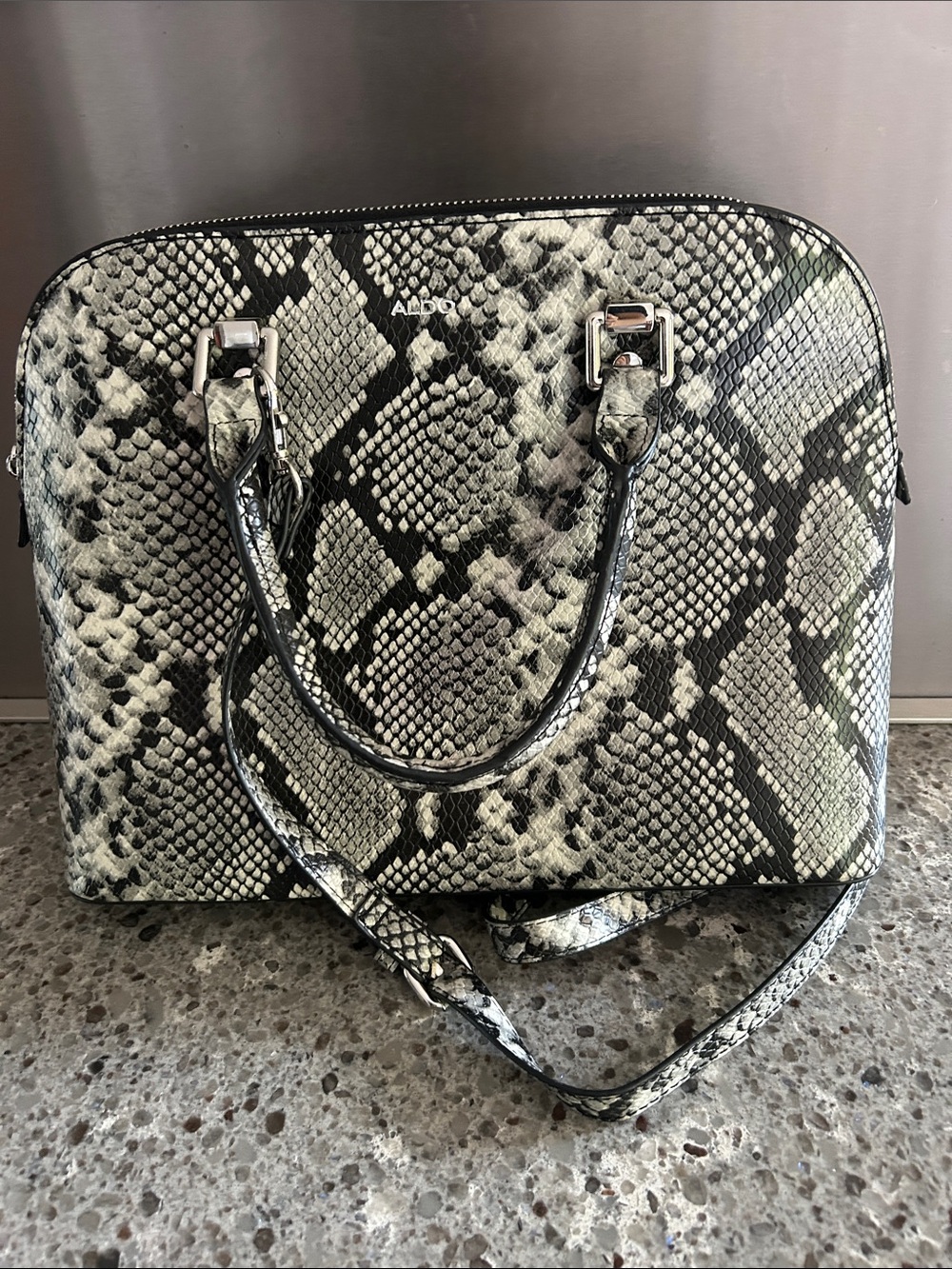 ALDO Black & White Snake-Print Satchel with Detachable Strap
